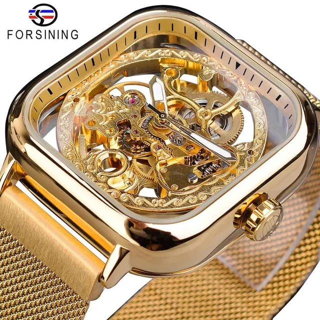 Forsining Men's Skeleton Sports Business Watch Automatic Self-Wind Mechanical Wristwatch 22mm Mesh Steel Transparent Case Reloj