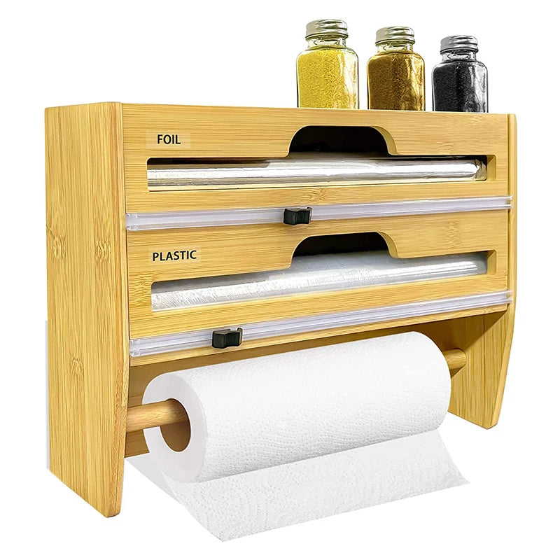 2 in 1 3 in 1 Portable Wooden Wax Paper Dispenser for Drawer Organizer  Bamboo Aluminum Foil Dispenser With Cutter