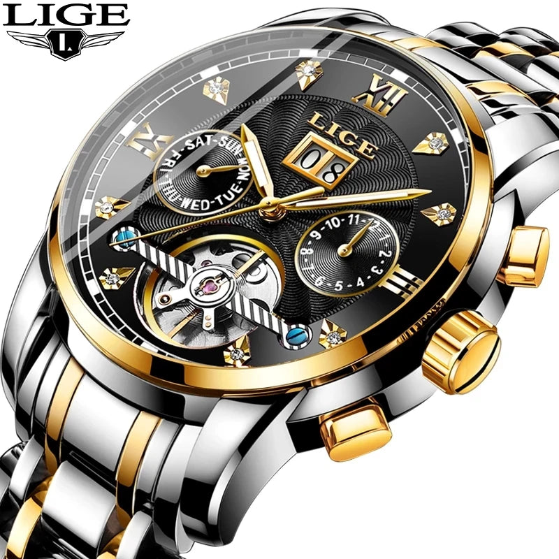 LIGE Business 9909 Men Automatic Mechanical Tourbillon Watch Luxury Fashion Stainless Steel Sport Watches Men Relogio Masculino