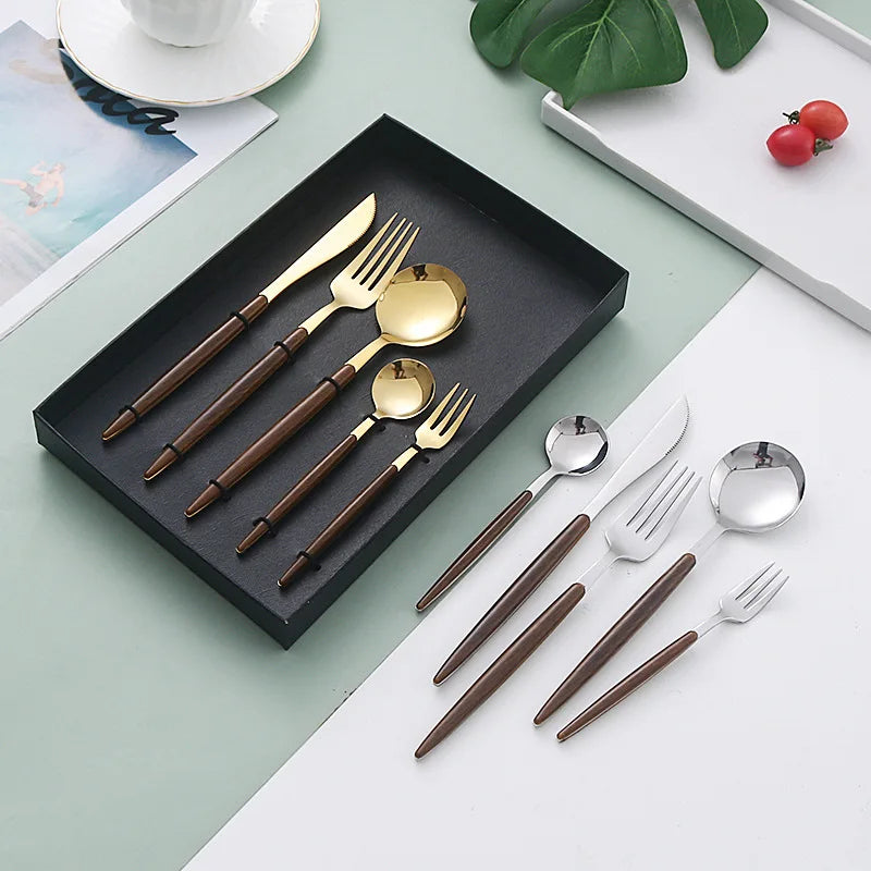 Stainless Steel Cutlery Imitation Wooden Handle Knife Fork Spoon 5 Pcs Set Restaurant Steak Knife Fork Silverware Cutlery Set