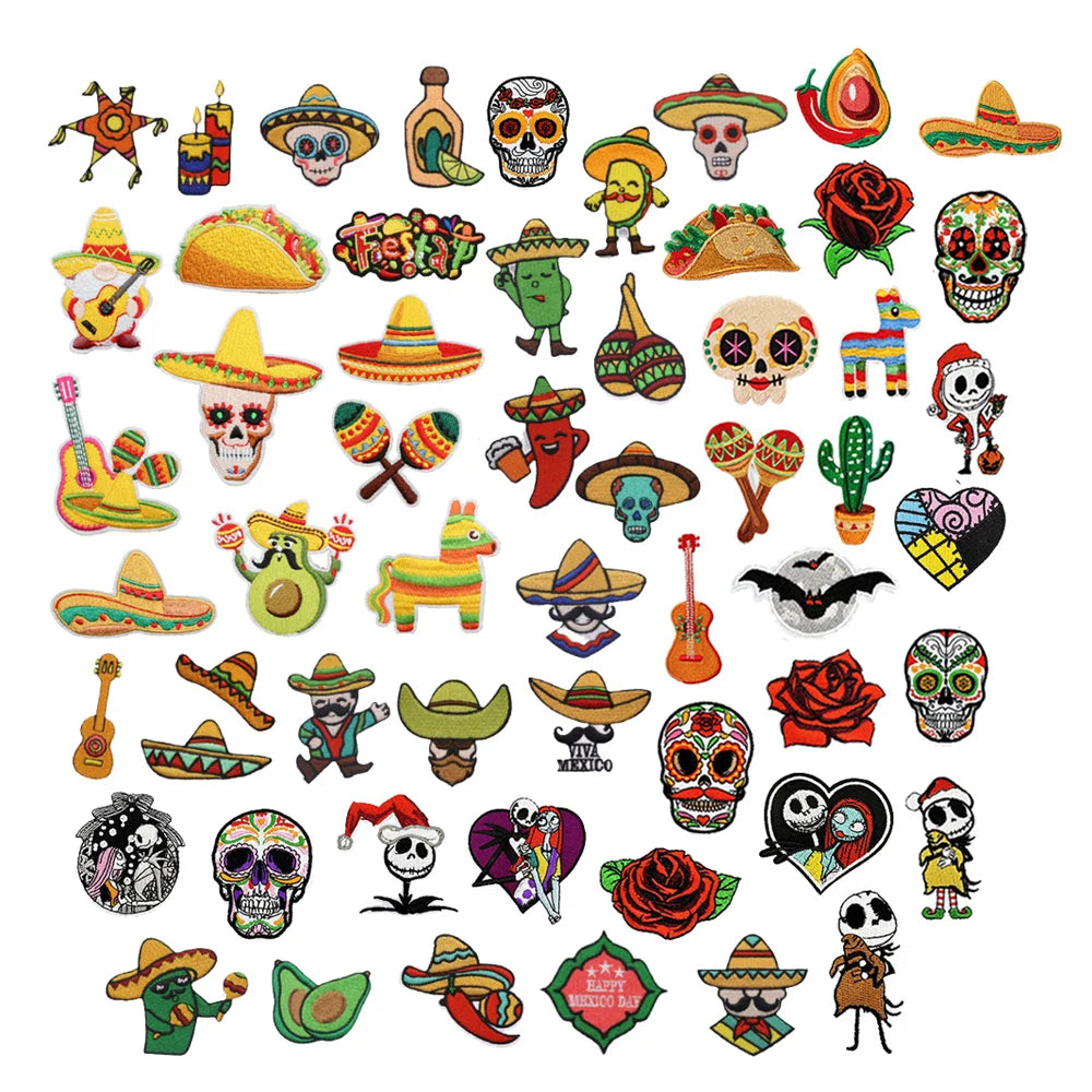 Factory Made Mexican Day Style Skull Beef Roll Rose Avocadoo Design Iron on Embroidered Mexico Dead Holiday Patches