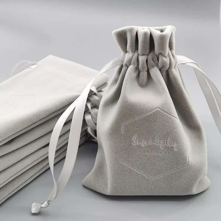 Custom Logo Drawstring Grey Velvet Jewelry Container Gift Packaging Favor Pouch Dust Bags