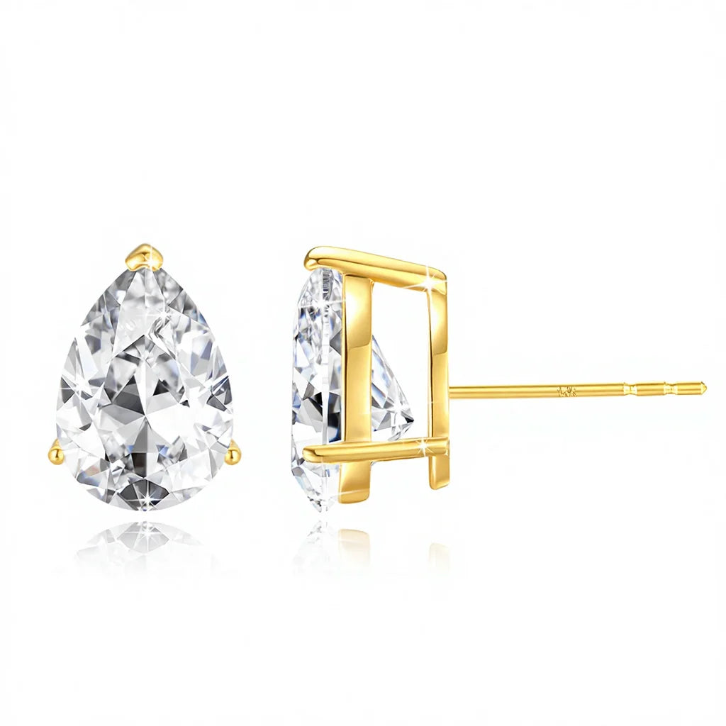 Luxury Fine Jewellery Gift Christmas Engagement Woman Real 14K Gold Hollow 1ct 2 Carat Pear Cut Moissanite Gold Stud Earrings