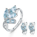 925 Sterling Silver Leaf Shape Natural Sky Blue Topaz Earrings Ring Set Jewellery