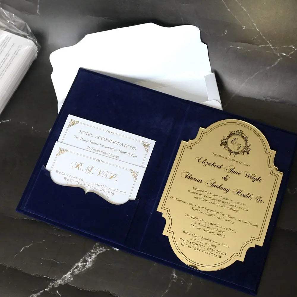 Luxury Dark Blue Velvet Hardcover Acrylic Wedding Invitation with Pocket and Small Card for Events