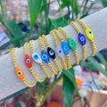 BG1126 Bohemia Boho Tiny Gold Ball Beaded Rainbow Colorful Glaze Hamsa Hand Evil Eyes Braided Stacking Bracelets
