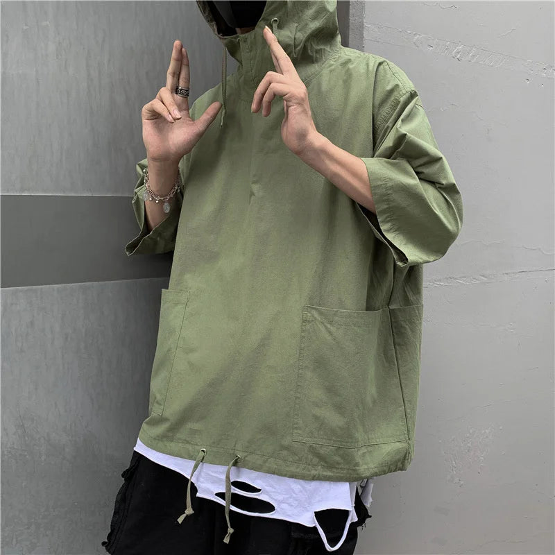 Custom Summer Hooded Pullover Patchwork Half Sleeves Tees Pocket Drawstring Mens t Shirts