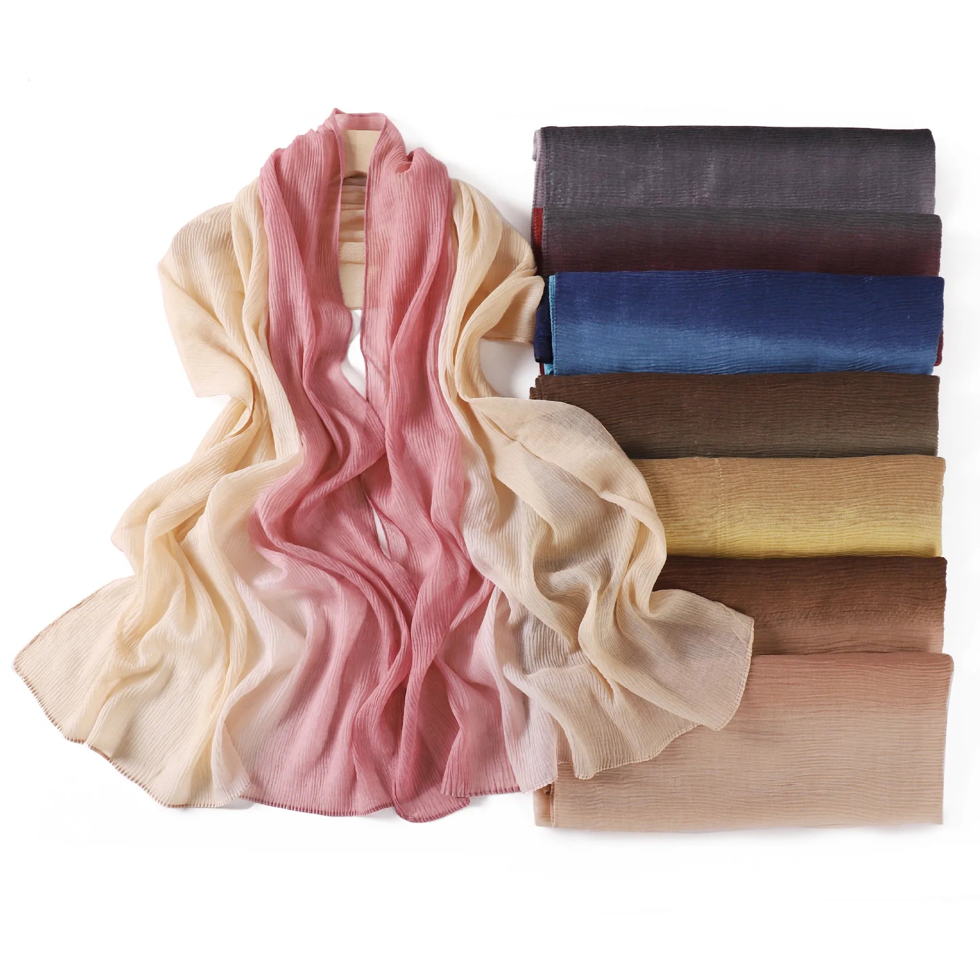 Gradient Color Pleated Cap Long Scarf for Spring Summer Soft Breathable Thin Pleats Cotton Linen Polyester Dot Letter Muslim