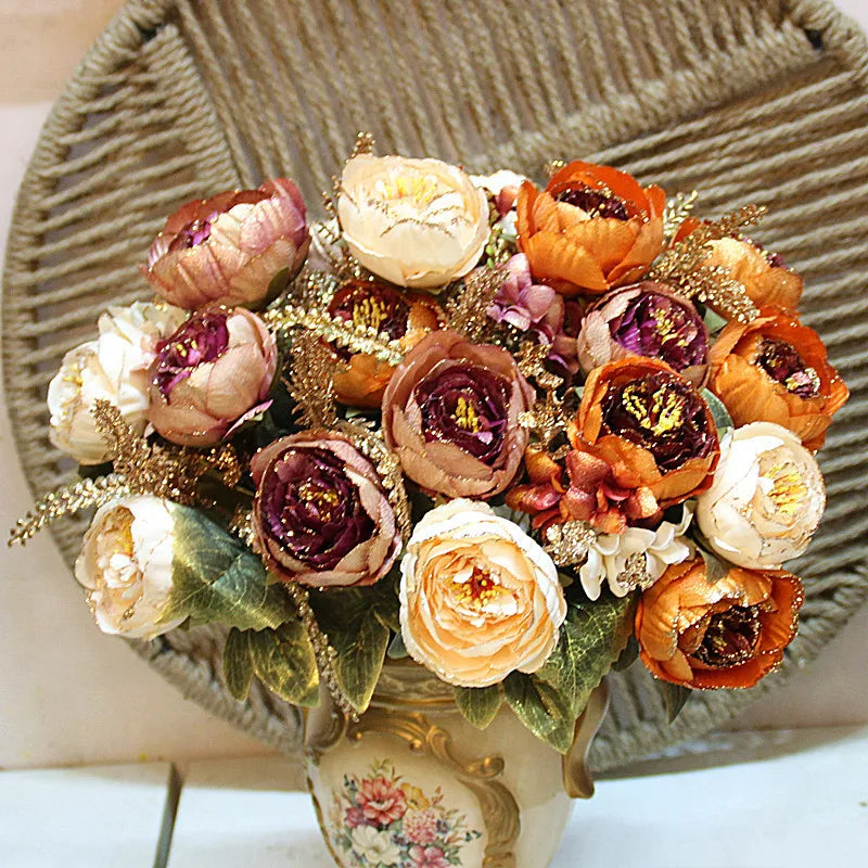 European Style 11-Head Rose Bouquet Artificial Glitter Peony Flower for Home Living Room Mother's Day Easter Christmas