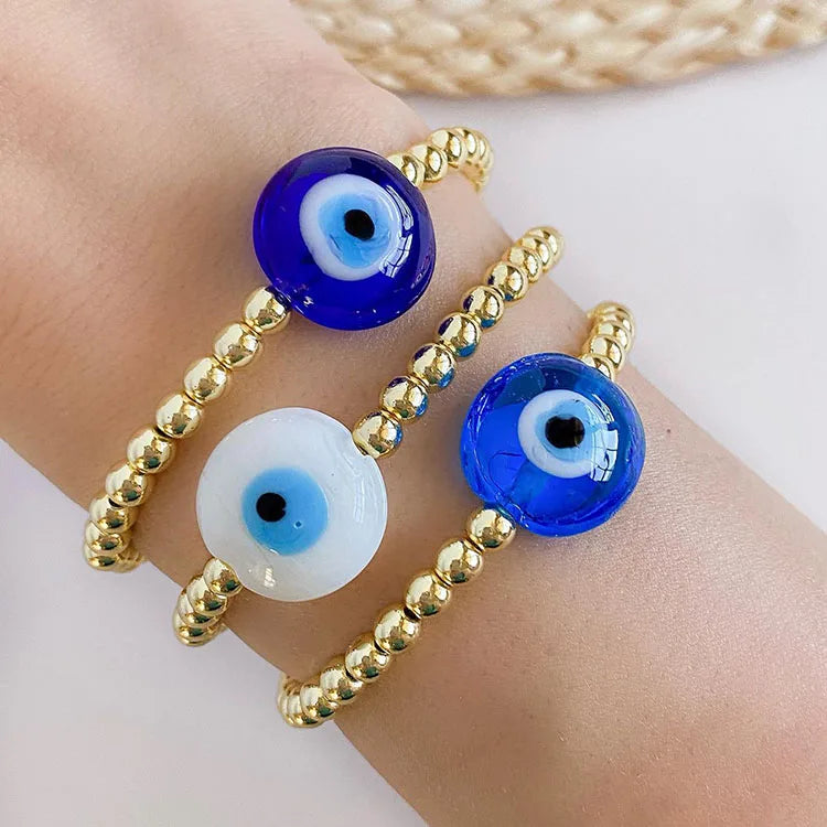 BG1136 18K Gold Plated Lampwork Glass Evil Eyes Elastic BraceletNazar Protection Boho Beaded Jewelry for Women