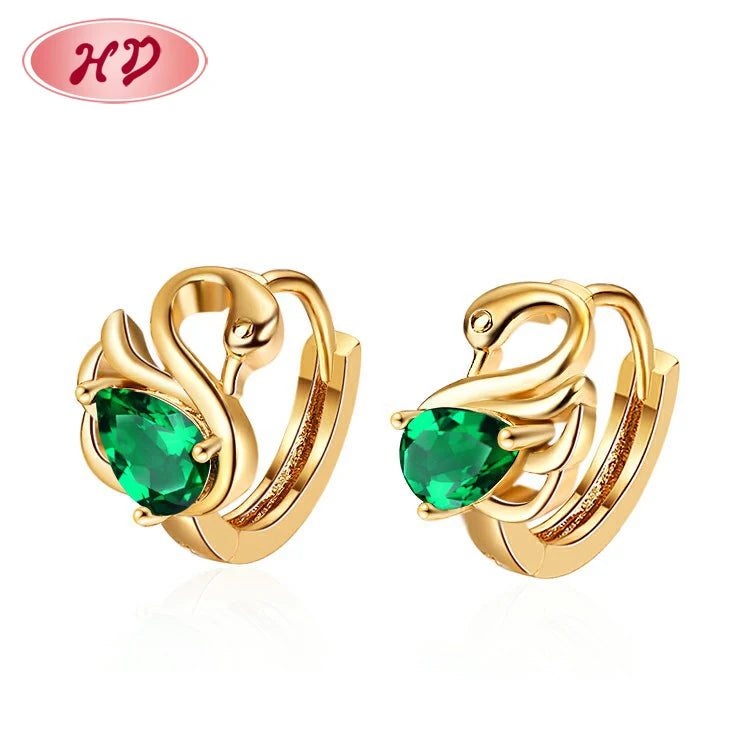 Wholesale Bulk in Stock Swan Women Huggie Earrings 18k Gold Plated Green Zirconia Brass Jewelry Accessories Producer