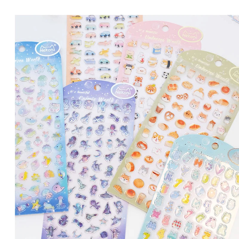 Nekoni Original Design Bronzing Hot Silver Space Car Animal Underwater World Alphabet Letter Set 3D Crystal Puffy Stickers
