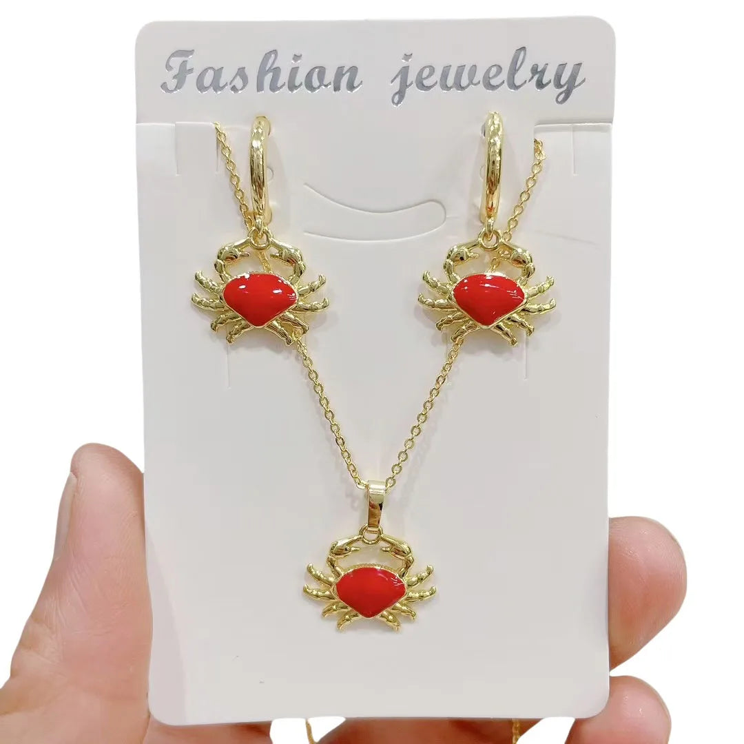S11463 Fashion Cute 18k Gold Plated CZ Pave Turtle Pearl Enamel Crab Charm Earring and Layering Necklace Beach Jewelry Sets