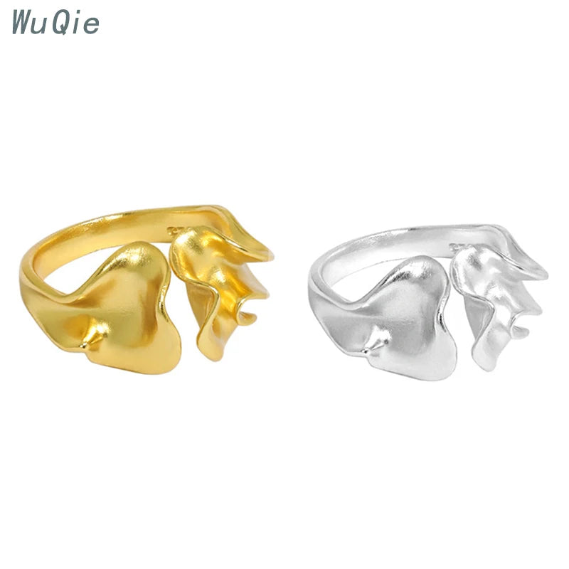 Wuqie 925 Sterling Silver Gold Plated Fold Rings Irregular Wave Wide Face Adjustable Silver Ring