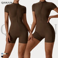 Wholesale Plus Size Short Sleeve Zipper Rompers Gym Jumpsuit Solid Women Active Wear Sport Yoga Jumpsuit