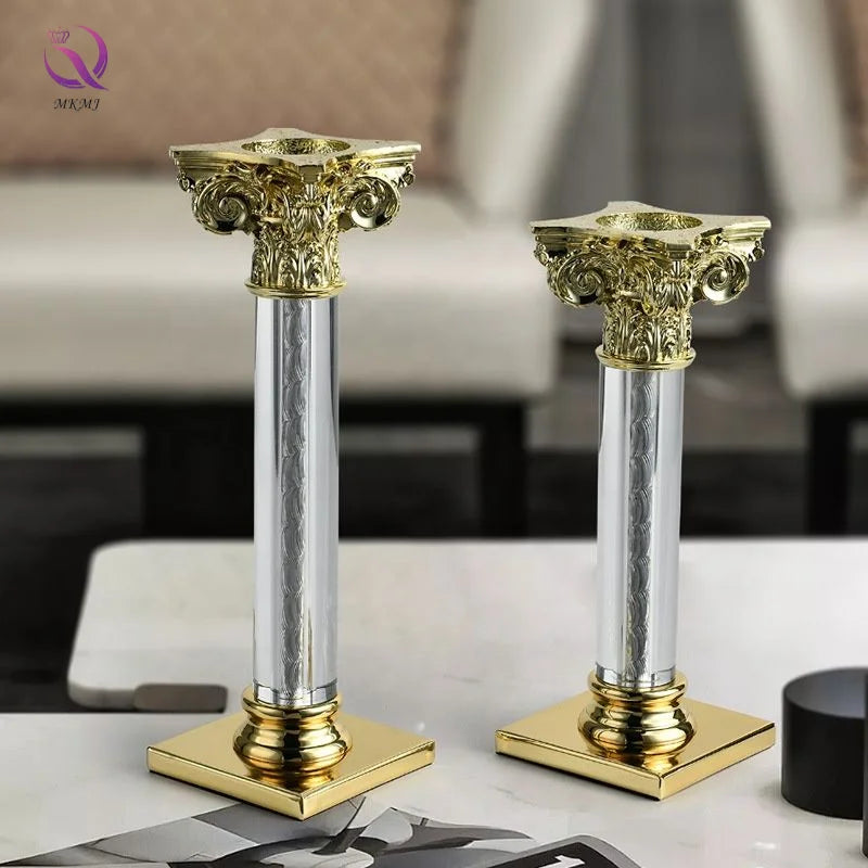 Golden Centerpieces Candlestick Stand Metal Crystal Candle Cup European Style Roman Column Candle Holder for Wedding Home Decor