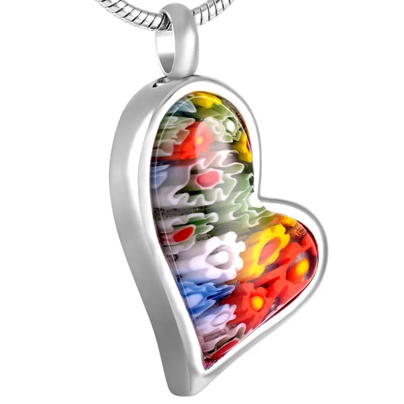 Murano Glass Heart Memorial Urn Necklace Stainless Steel Heart Keepsake Cremation Holder Ashes Jewelry  Millefiori Pendant  Urn