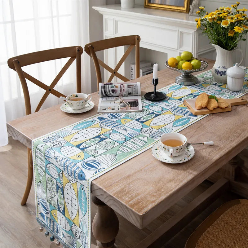 Jacquard Polyester Flower Tassels Table Runner Bohe Style Geometric Retro Style Luxury Table Runner