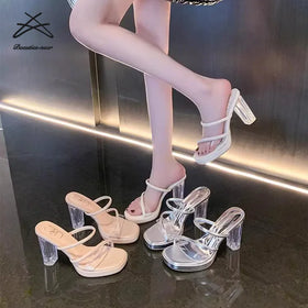 New Womens Square Head Heels Sandals Women Outside Wear Ladies Summer Transparent Strip Heeled Slipper Sandals Shoes