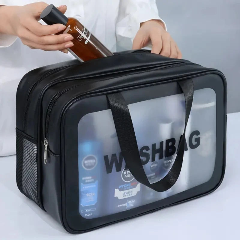 Custom Clear Leather Travel Zipper Black Blue See-through Water Resistant Soft Handle Cosmetic Wash Skincare Makeup Bag