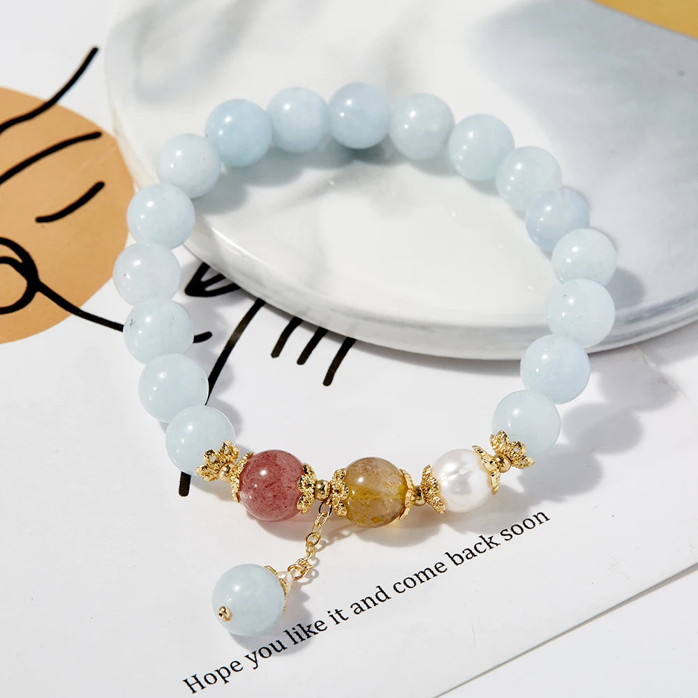 Blue Natural Stone Aquamarine String Beads Strawberry Crystal Gold Rutilated Quartz Charm Bracelets for Women