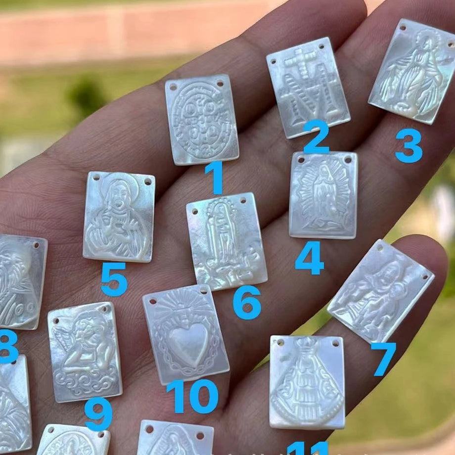 Caved White Fritillary Rectangle Christianity Jesus Virgin Mary Mother of Pearl Shell Pendant for DIY Jewelry Making