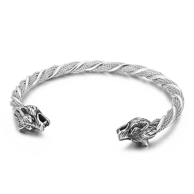 KALEN Custom Wolf Zodiac Bangle Silver Color Stainless Steel Cable Wire Twisted Cuff Bracelet Bangle for Men