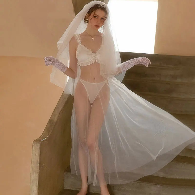 Sexy Underwear Sleepwear Dress Lace Perspective Mesh Long Dress Princess Wedding Lingerie
