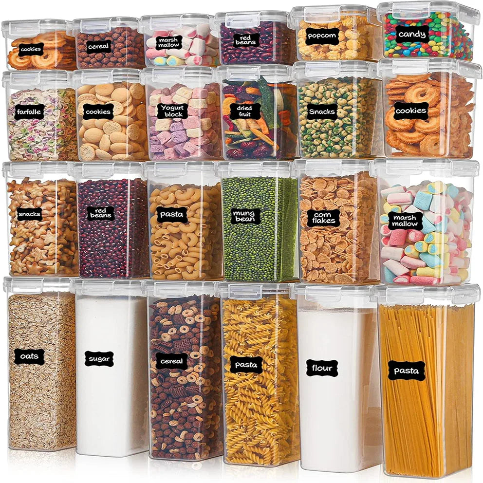BPA Free Clear Kitchen Organization for Cereal Dry Food Flour 24 Pack Airtight Food Storage Container Set with Durable Lids
