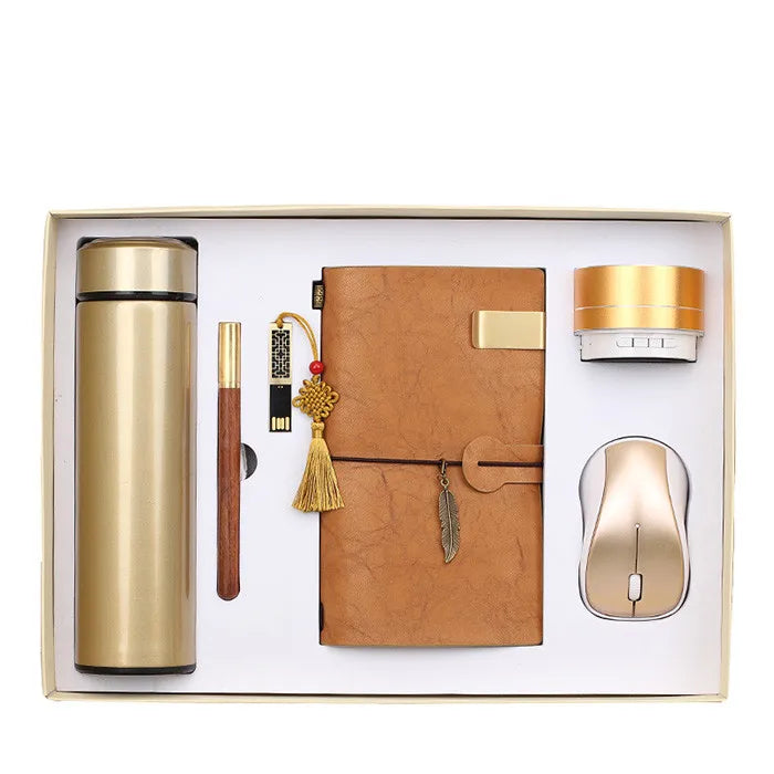 Customized Logo Luxury Gift Sets Vacuum Flask A6 Notebook Speaker Wooden Pen USB Flash Drive Wireless Mouse