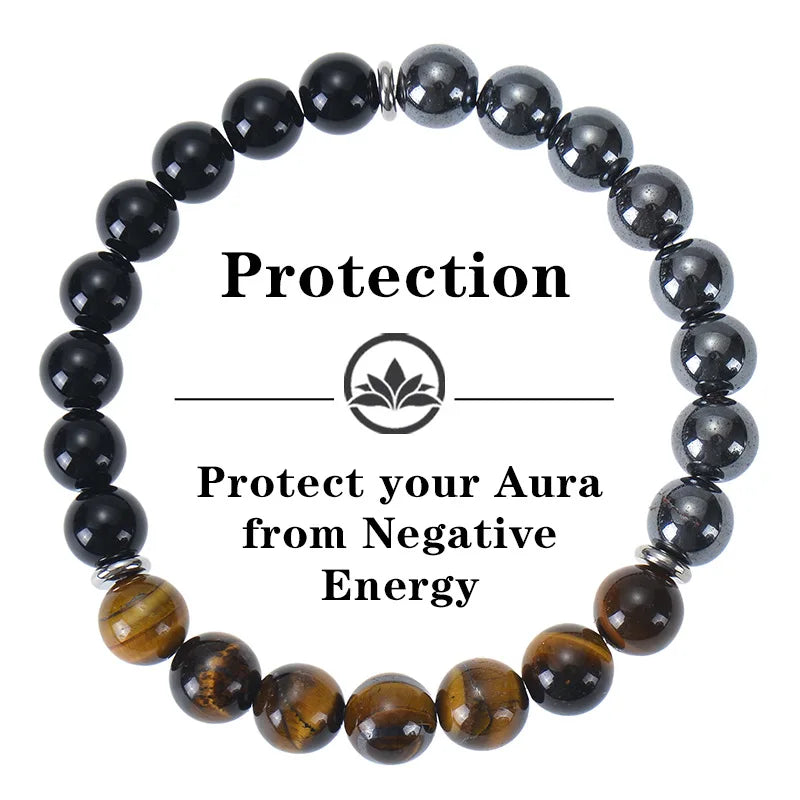 Natural Stone Hematite Obsidian Tiger Eye Bracelet Triple Protection Healing Crystal Beaded Bracelet for Men