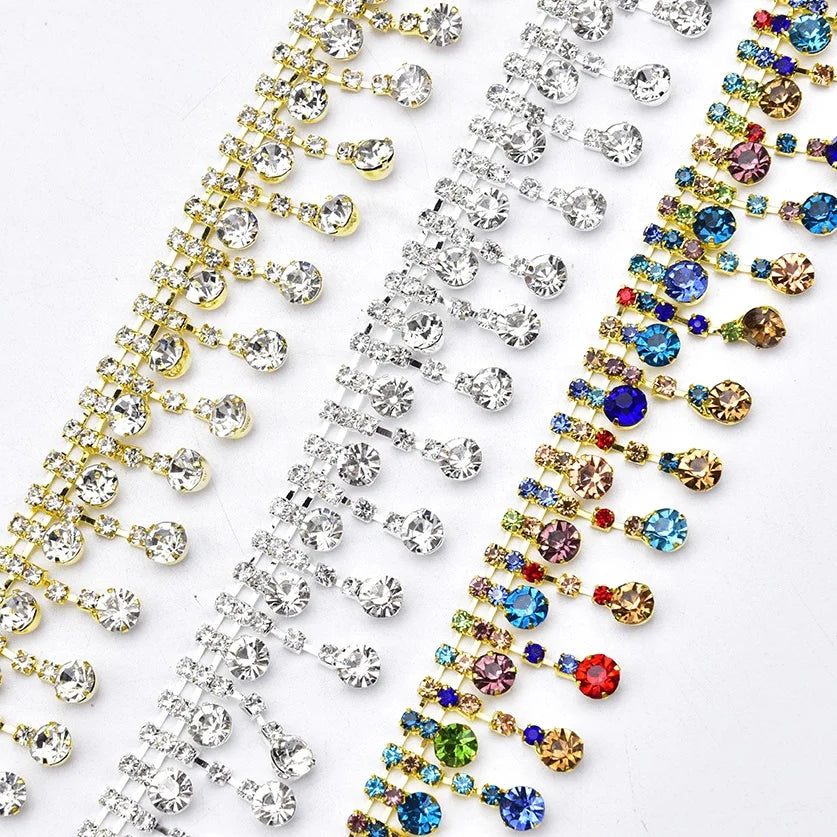 2.5cm Round Pendant Glass Rhinestone Fringe Crystal Tassel Metal Chain Trim for Shoes Dress Bags Decoration Garment Accessories