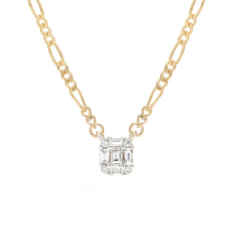 Gemnel Dress Jewelry 925 Silver 18k Gold baguette Diamond Shield Strength Figaro Chain Necklace