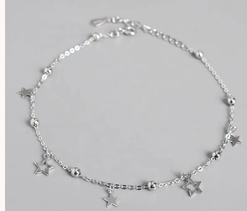 Hot Selling Beads Star Charms Anklets 925 Sterling Silver Dainty Foot Chain Wholesale