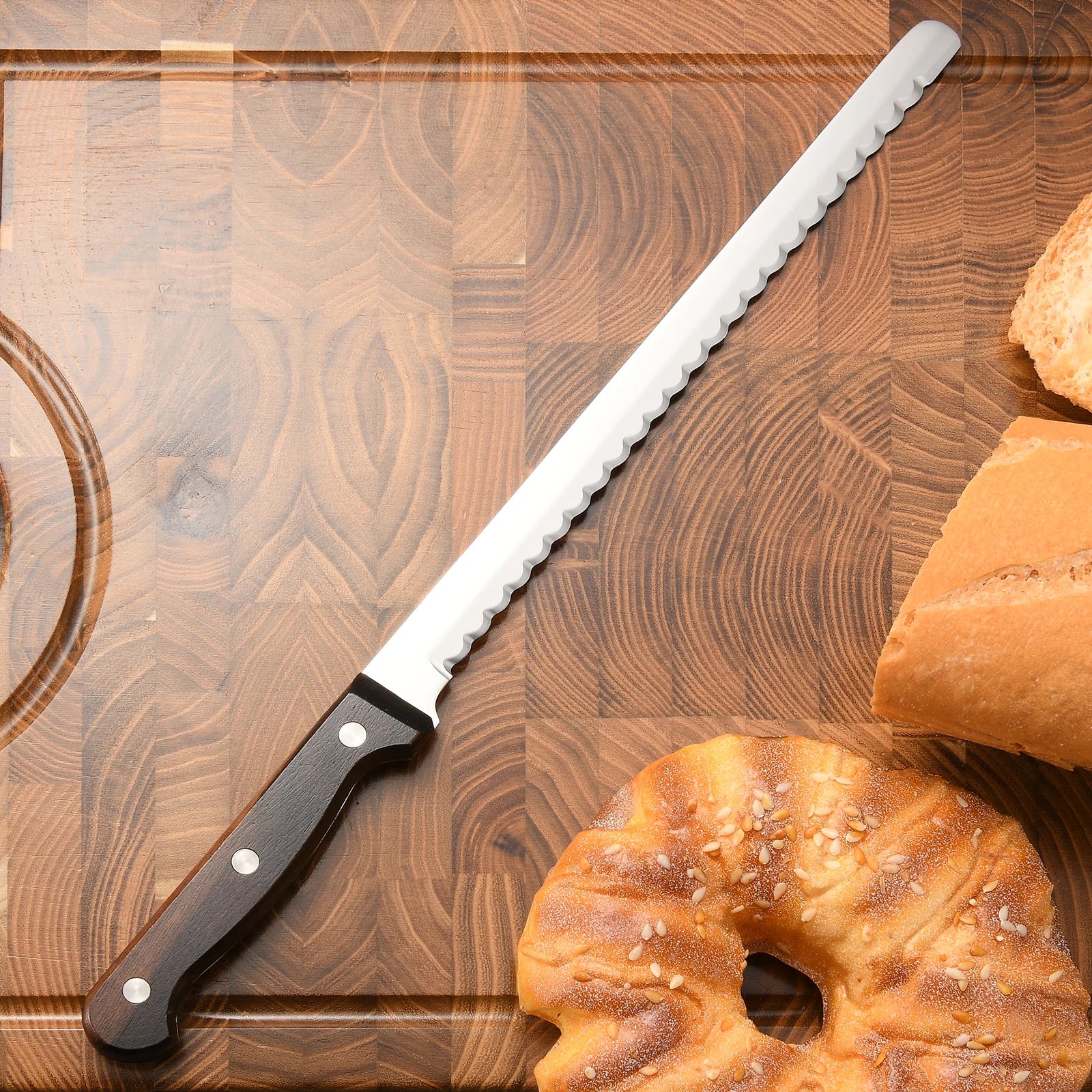 Baking Pastry Tools Professional Carbon Steel Blade Cake Baking Cutter Bread Knife with Wood Handle