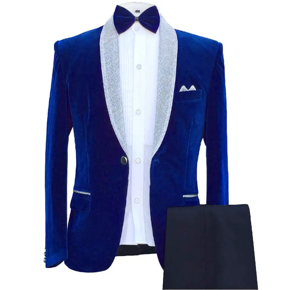 High Quality Custom Made Royal Blue Shawl Lapel Men Suits Elegant Groom Tuxedos Velvet Groomsmen Wedding Arket blazer Sets