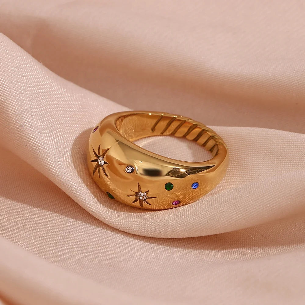 18K Gold Plated Stainless Steel Dome Ring with Colorful Zircon Fashion Statement Jewelry for Engagement Party Anniversary