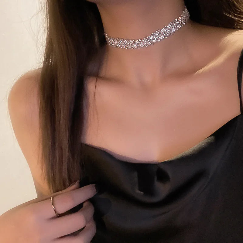 Silver Color Multi Row Full Sparkly Diamond Crystal Collar Necklace Rhinestone Choker Necklace for Women Bridal