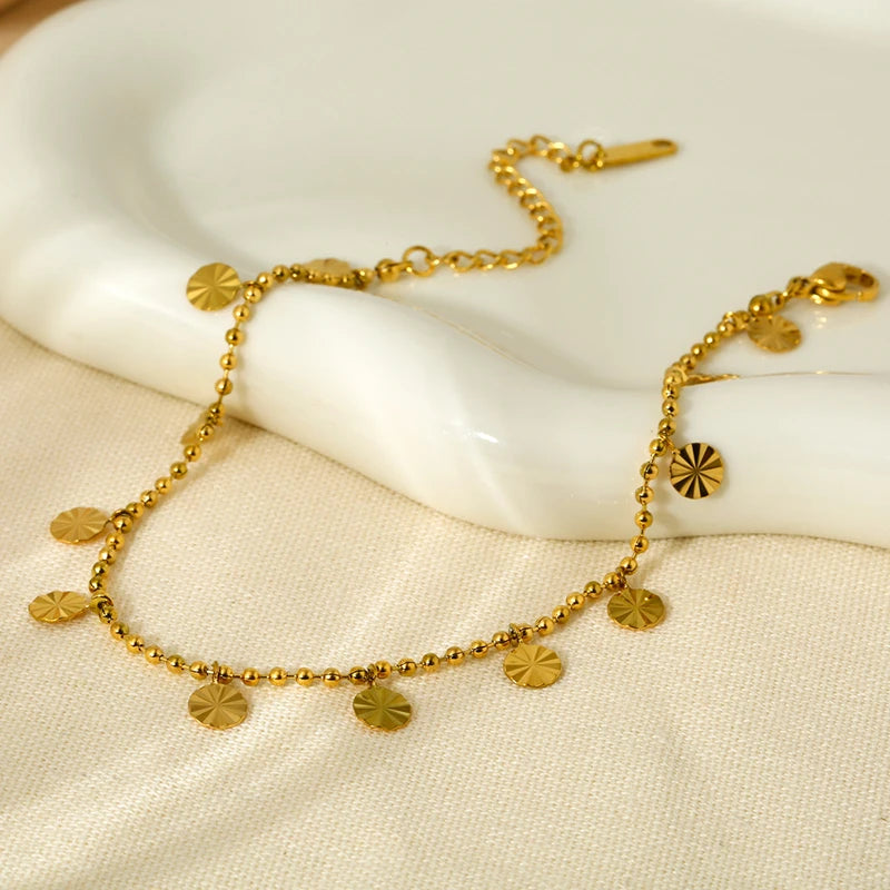 Summer Beach Jewelry 18K Gold Plated Stainless Steel Anklets Waterproof Bead Chain Petal Disc Pendants Anklet for Women