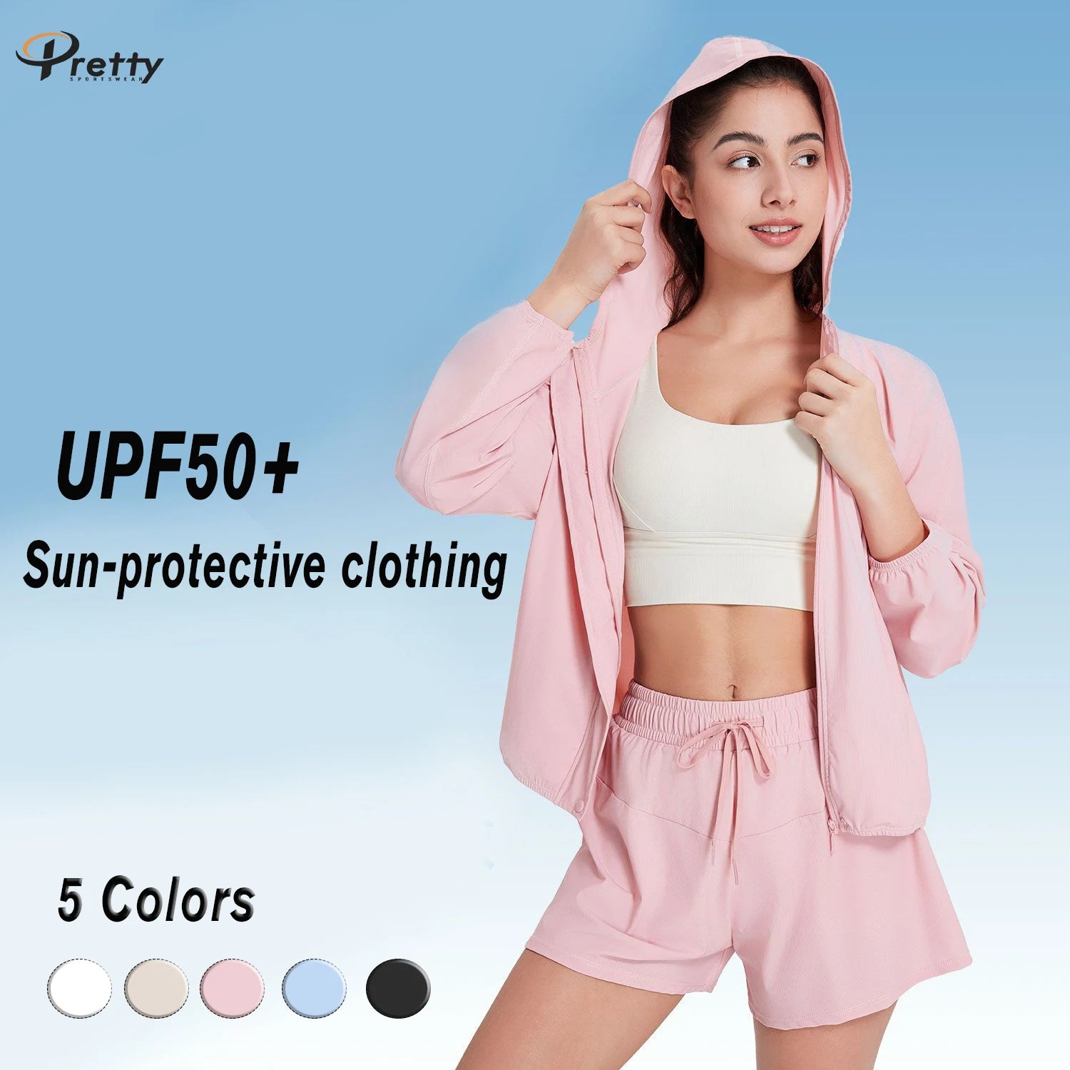 Outdoor Sun Protection Set Running UPF50 Athletic Quick-dry Breathable Workout Sports Yoga Set Zipper Jacket Shorts Casual Wear.