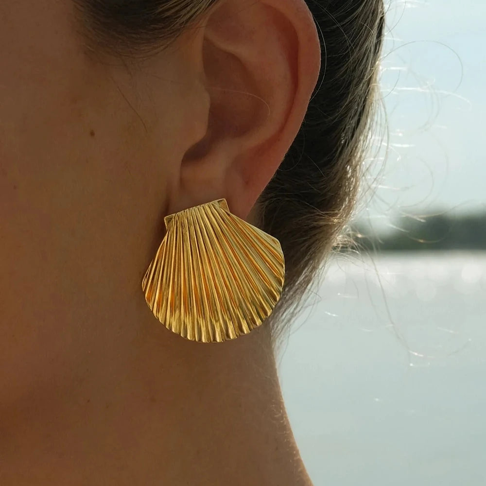 INS Stainless Steel Texture Geometric Shell Shape Stud Earrings Gold Color Waterproof Fashion Jewelry for Women