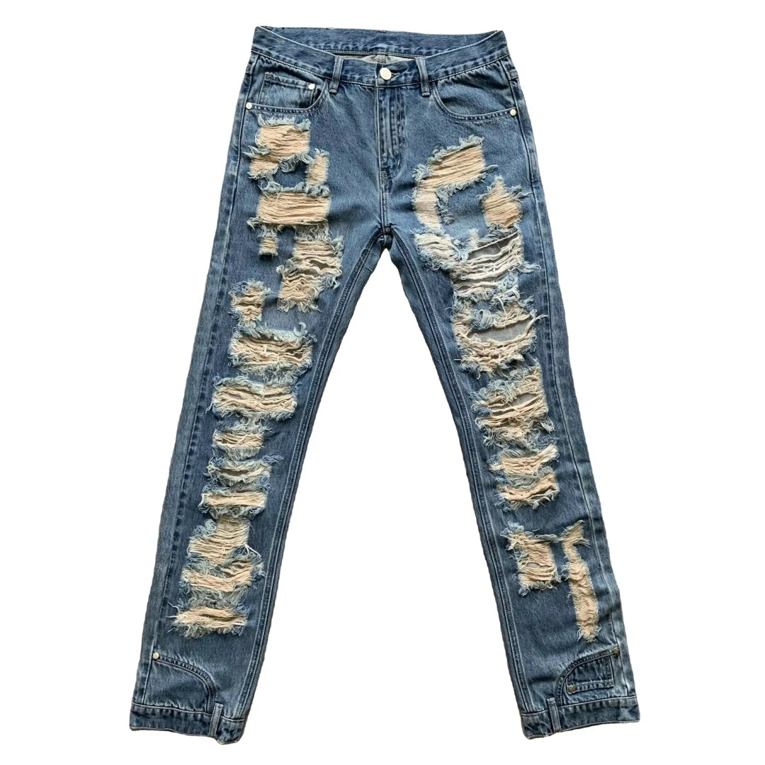 DENIMGUYS Crazy Jeans for Men High Street Fashion Distressed Skinny Ripped Slim Fit Pants Y2k Mens Denim Jeans