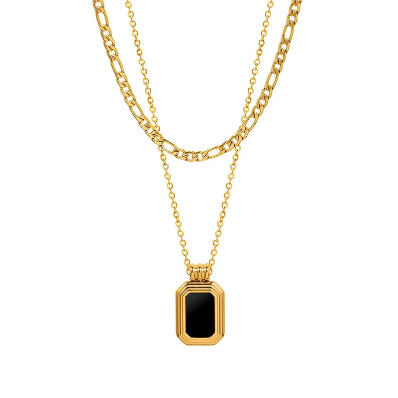 Aretas Double Layer 18K Gold Necklace Waterproof Stainless Steel Tarnish-Free Black Square Enamel Black Acrylic Pendant