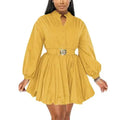 S-2XL New Spring/Summer Solid Standing Neck Half Cardigan Long Sleeved Dress European and American Fashion Waistband Short Dress