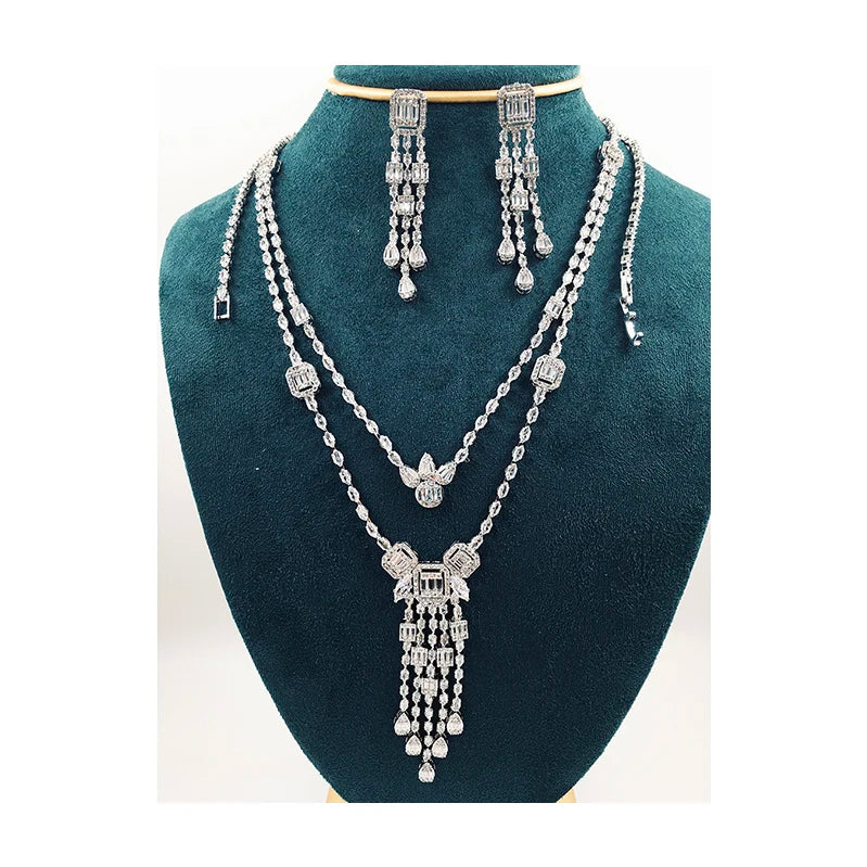 New Fashion Zirconia Full Paved Double Layer Long Tassel Pendant Necklace Earring Set for Women Trendy Double Layer Jewelry