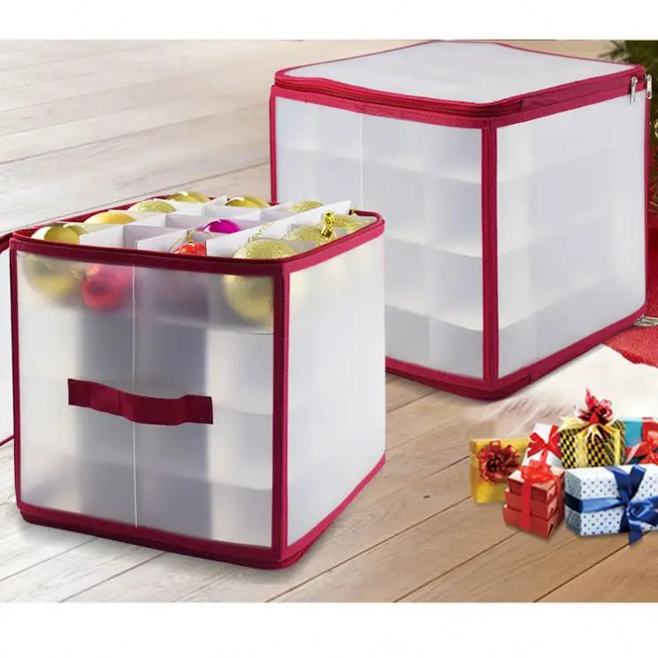 Hot Sale Fabric Collapsible 64 Holiday Ornaments Transparent Christmas Storage Box with Zipper for House Organization
