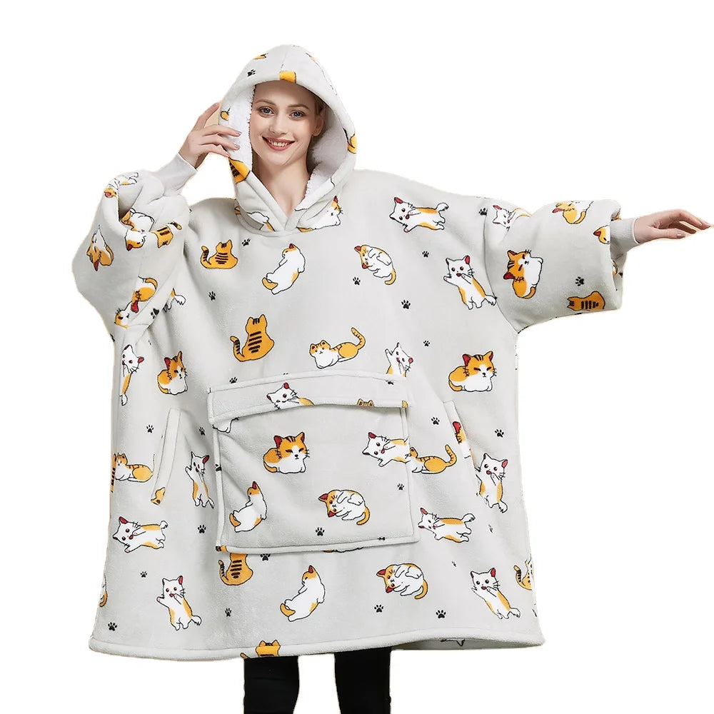 2025 Sublimation Hoodie Blanket Oversized Simple Style Wearable Cozy Tv Sofa Hooded Blanket With Sleeve Pocket