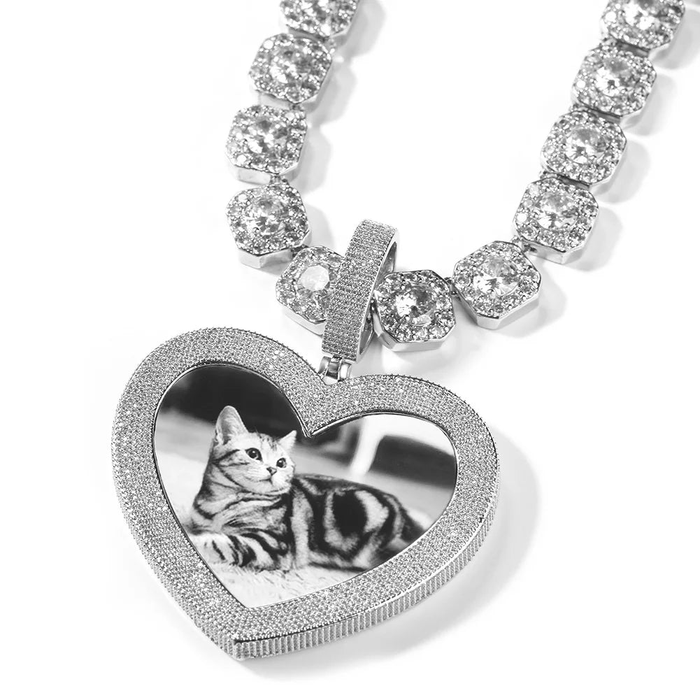 Fine Jewelry Necklaces Custom Icy Big Heart Shaped Cubic Zircon Diamond Photo Pendant Chain Necklace for Man Women