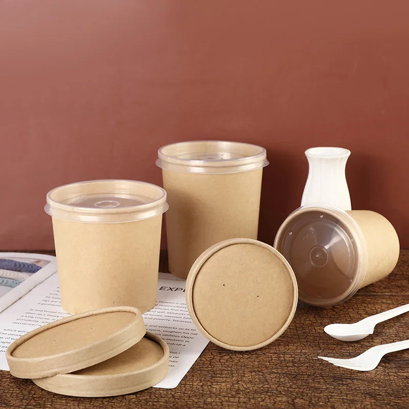 Disposable Round Kraft Paper Soup Cup Takeaway Paper Bowl With Lid Fast Food Packing Round Paper Bowl 8oz 12oz 15oz 16oz 32oz