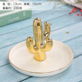 White Plate with Golden Rim Ceramic Ring Holder Jewelry Trinket Dish Tray with Standing Cactus and Pineapple